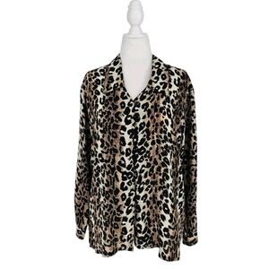 VTG David Button Up Blouse Women Large Tan Leopard Print 100% Silk Long Sleeve